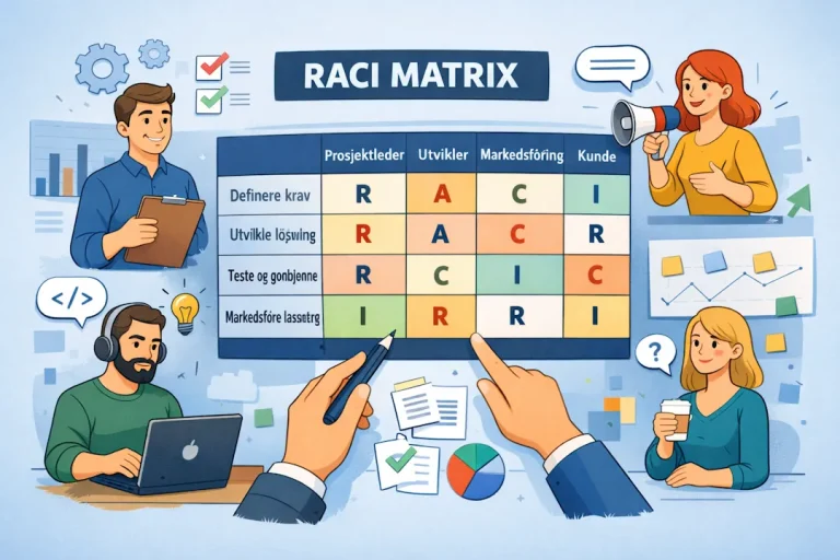 Illustrasjon av RACI-matrisen som viser tydelig rolle- og ansvarsfordeling i et prosjekt, med oppgaver og roller markert som Responsible, Accountable, Consulted og Informed, omgitt av prosjektteam i samarbeid.