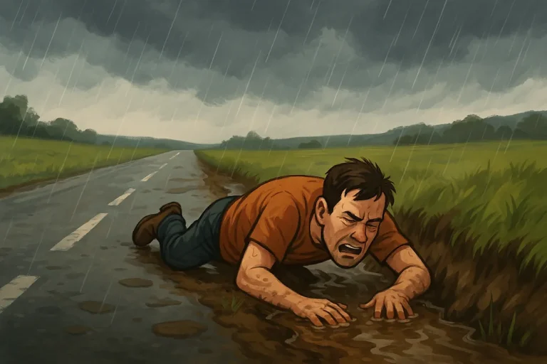 Illustrasjon av en person som sitter sammenkrøpet i regnet, mens en liten solstråle bryter gjennom skyene og lyser på hodet deres.