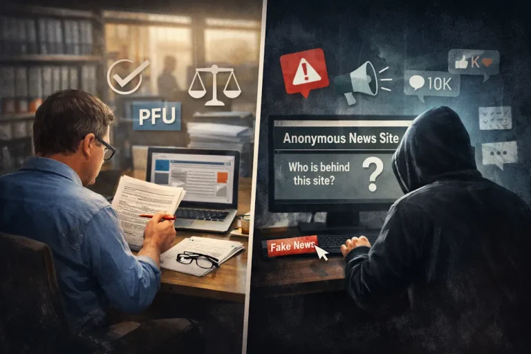 Illustrasjon delt i to som viser kontrasten mellom redaktørstyrt og ikke-redaktørstyrt publisering. Til venstre en redaktør i et redaksjonsmiljø som kvalitetssikrer innhold, med symboler for PFU og etisk ansvar. Til høyre en anonym person foran en skjerm merket «Anonymous News Site», med varselsymboler og indikasjoner på falske nyheter og uverifisert innhold.
