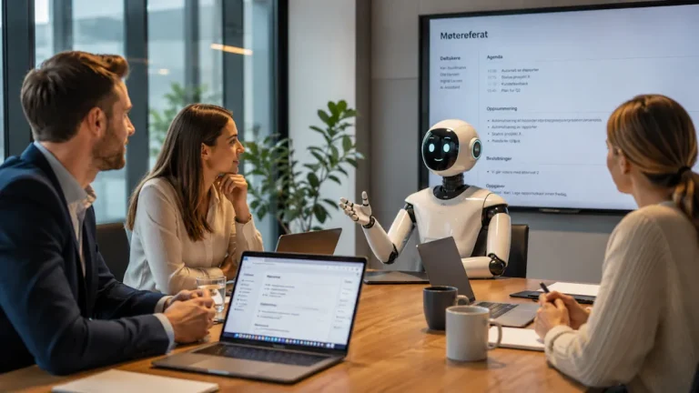 Fotorealistisk møte i et moderne konferanserom der tre personer sitter rundt et bord sammen med en humanoid AI-assistent i robotform. På bordet står bærbare PC-er, kaffekopper og notatblokker. På en stor skjerm i bakgrunnen vises et automatisk generert møtereferat med agenda, oppsummering, beslutninger og oppgaver. Bildet illustrerer hvordan kunstig intelligens kan delta i møter og automatisk dokumentere innholdet.