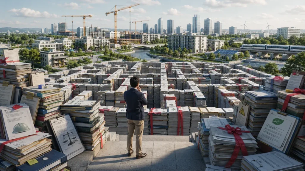 En mann står foran en labyrint av dokumenter, skjemaer og regelverk, med en moderne by og byggeprosjekter i bakgrunnen.