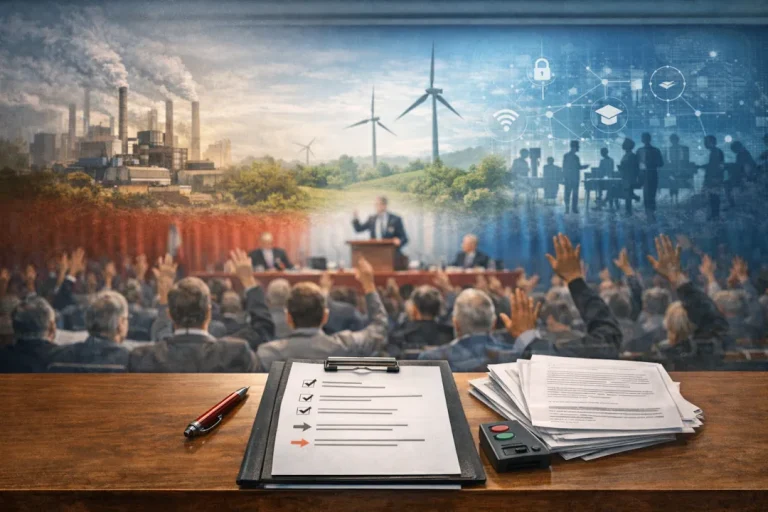 Politisk møte der en forsamling rekker opp hendene for å stemme, med et dokument på et bord i forgrunnen og illustrasjoner av industri, vindkraft og teknologi som symboliserer komplekse samfunnsspørsmål.