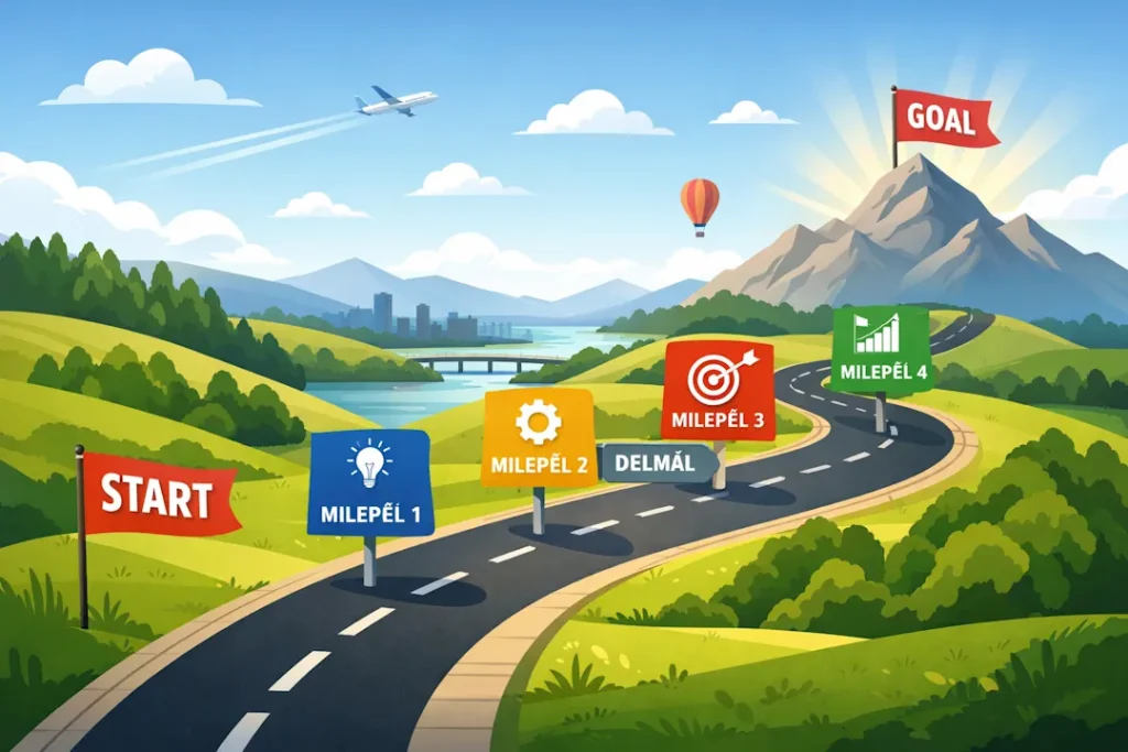 Illustrasjon av en roadmap som viser en vei fra start til mål med milepæler underveis, brukt som metafor for strategi, planlegging og fremdrift i virksomheter.