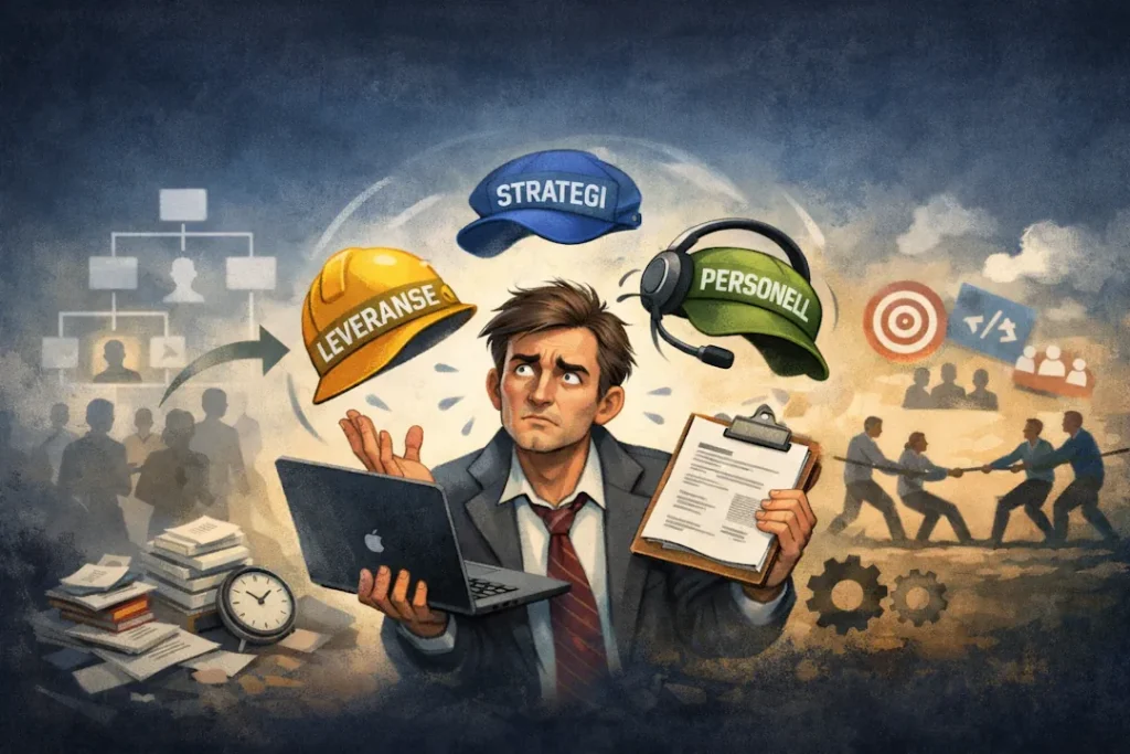 Illustrasjon av produktleder med flere hatter som symboliserer strategi, leveranse og personalansvar i moderne organisasjoner.