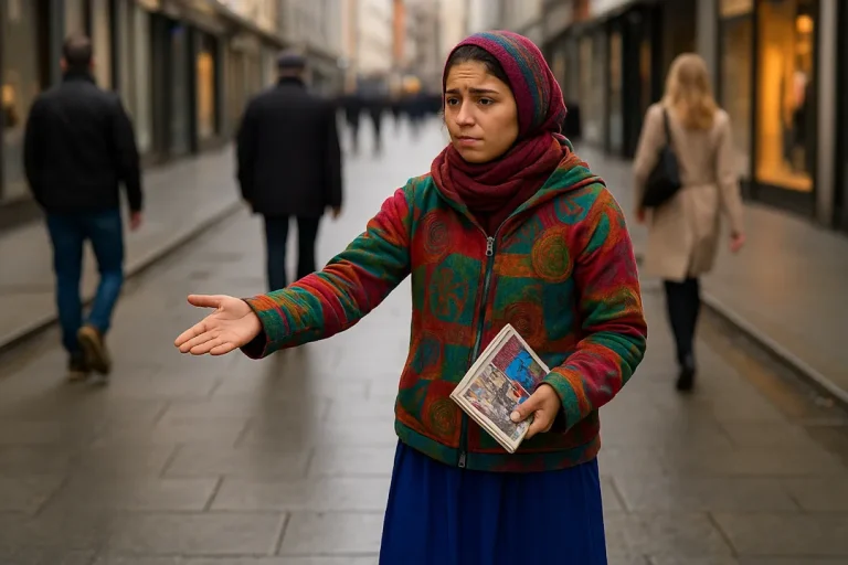 En ung kvinne står ved et gatehjørne i Oslo med et magasin i hånden. Hun er kledd i fargerike klær og ser ut til å vente eller håpe på oppmerksomhet fra forbipasserende. Bak henne skimtes en travel bygate og mennesker som går forbi uten å stoppe.