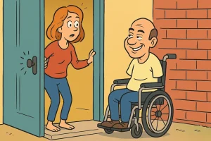 En humoristisk tegning av en kvinne som åpner døra til en smilende mann i rullestol, som nettopp har ringt på. Illustrasjonen viser en lett og morsom stemning.