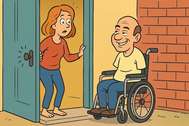 En humoristisk tegning av en kvinne som åpner døra til en smilende mann i rullestol, som nettopp har ringt på. Illustrasjonen viser en lett og morsom stemning.