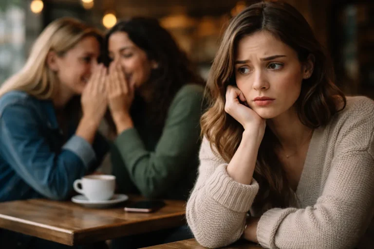 Illustrasjon av rykter og sladder der to personer hvisker i bakgrunnen mens en person sitter alene og ser bekymret ut.