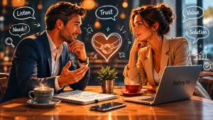 To personer i forretningsantrekk sitter på kafé i en avslappet samtale som illustrerer hvordan salg handler om tillit, relasjoner og kjemi. Rundt dem vises håndtegnede symboler og ord som «Trust», «Listen» og «Value», mens en kaffekopp med navnet Raymond Sebergsen og en laptop med hohoy.no subtilt knytter bildet til personlig merkevarebygging og kundepsykologi.
