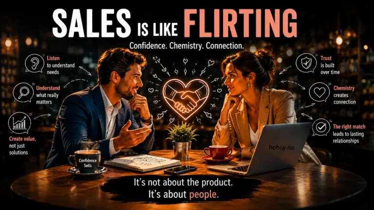 Illustration of a man and woman having a business conversation in a cozy café, symbolizing how sales and flirting both rely on confidence, chemistry, trust, and human connection. The image includes infographic-style elements about communication, customer psychology, and relationship building, alongside the headline “Sales Is Like Flirting” and the message that great sales is about people, not just products.
