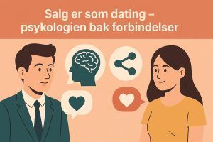 Illustrasjon som viser parallellen mellom salg og dating – en mann i dress og en kvinne i gult står vendt mot hverandre med ikoner for hjerte, penger og nettverk mellom seg, som symboliserer psykologiske forbindelser i relasjoner og forretning.