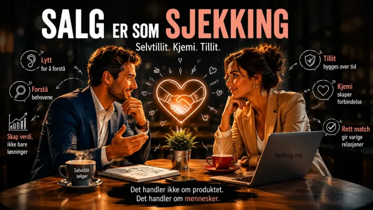 Illustrasjon av to profesjonelle personer i en varm kafésetting som symboliserer hvordan salg og sjekking handler om kjemi, tillit og relasjoner. Rundt dem vises ord og symboler knyttet til kommunikasjon, verdi og kundepsykologi, sammen med teksten «Salg er som sjekking» og budskapet om at godt salg handler mer om mennesker enn produkter.