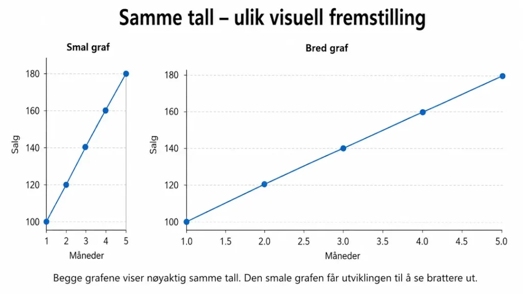 To grafer viser de samme stigende salgstallene. Den smale grafen får økningen til å se langt brattere ut enn den brede.