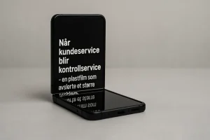 En sammenbrettet Samsung Galaxy Z Flip3 står halvåpen på et grått bord. På skjermen vises tittelen «Når kundeservice blir kontrollservice – en plastfilm som avslørte et større problem» i hvit tekst mot svart bakgrunn.