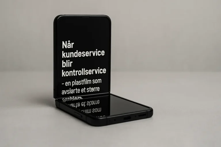 En sammenbrettet Samsung Galaxy Z Flip3 står halvåpen på et grått bord. På skjermen vises tittelen «Når kundeservice blir kontrollservice – en plastfilm som avslørte et større problem» i hvit tekst mot svart bakgrunn.