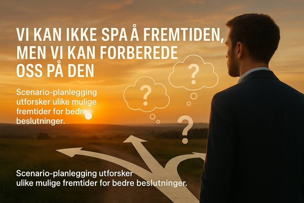 Illustrasjon av en mann i dress som ser utover et veikryss i solnedgangen, der flere piler peker i ulike retninger. I horisonten vises tankebobler med spørsmålstegn, som symboliserer usikkerhet om fremtiden. Teksten på bildet lyder: «Vi kan ikke spå fremtiden, men vi kan forberede oss på den. Scenario-planlegging utforsker ulike mulige fremtider for bedre beslutninger.»
