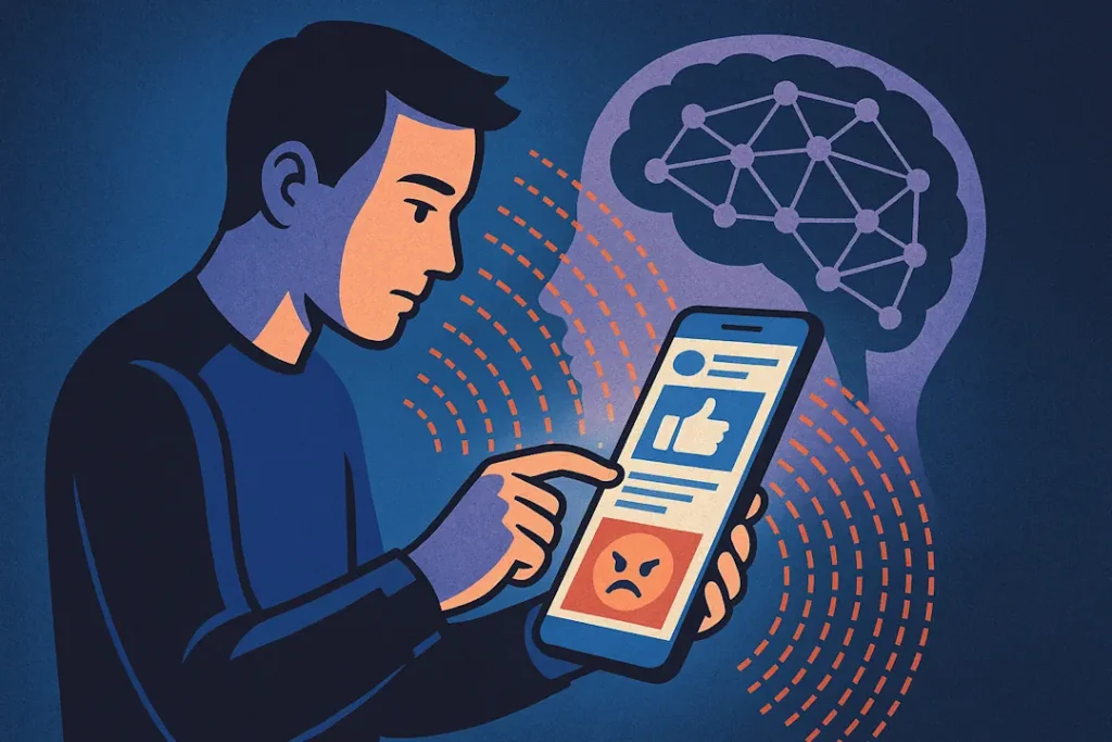 Illustrasjon av en person som scroller på mobil mens algoritmiske signaler og et stilisert hjerne-ikon viser hvordan sosiale medier analyserer og påvirker brukeratferd.