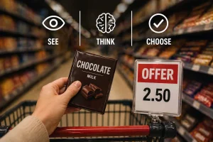 Shopper holding chocolate in a grocery store aisle beside a special offer sign, highlighting how store design and pricing cues affect consumer behavior.