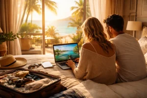 Et par sitter på en seng i varmt sollys og ser på en laptop som viser en tropisk strand, mens en koffert og ferieeffekter ligger klare rundt dem, og de drømmer seg bort til en kommende reise.