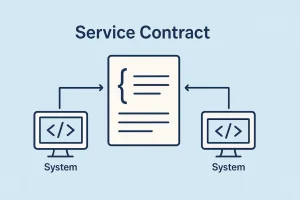 Illustrasjon i 16:9-format som viser en servicekontrakt i systemutvikling, der et dokument merket «Service Contract» står i midten og kobler to datasystemer sammen via piler, som symboliserer et definert API-grensesnitt mellom systemene.