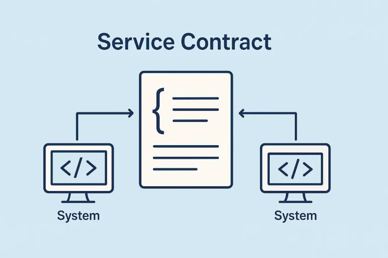 Illustrasjon i 16:9-format som viser en servicekontrakt i systemutvikling, der et dokument merket «Service Contract» står i midten og kobler to datasystemer sammen via piler, som symboliserer et definert API-grensesnitt mellom systemene.