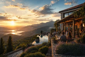 Luksuriøs fjellrestaurant ved solnedgang med utsikt over dal, innsjø og fjellandskap, der gjester nyter mat og utsikt på en terrasse med infinity pool.