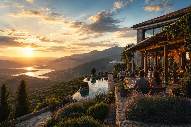 Luksuriøs fjellrestaurant ved solnedgang med utsikt over dal, innsjø og fjellandskap, der gjester nyter mat og utsikt på en terrasse med infinity pool.