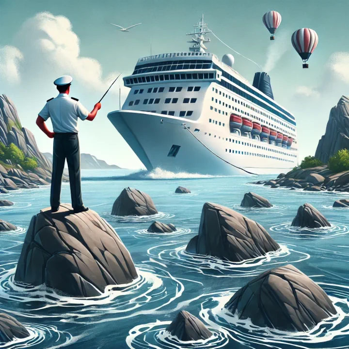 En stilisert illustrasjon av en kaptein i uniform som står på en stein i vannet og forsøker å dirigere et stort cruiseskip som er på vei mot farlige skjær. Rundt skipet svever varmluftsballonger, og i bakgrunnen sees fjell og en blå himmel med noen skyer. Bildet har en dramatisk atmosfære som illustrerer dårlig navigasjon eller feil strategi.