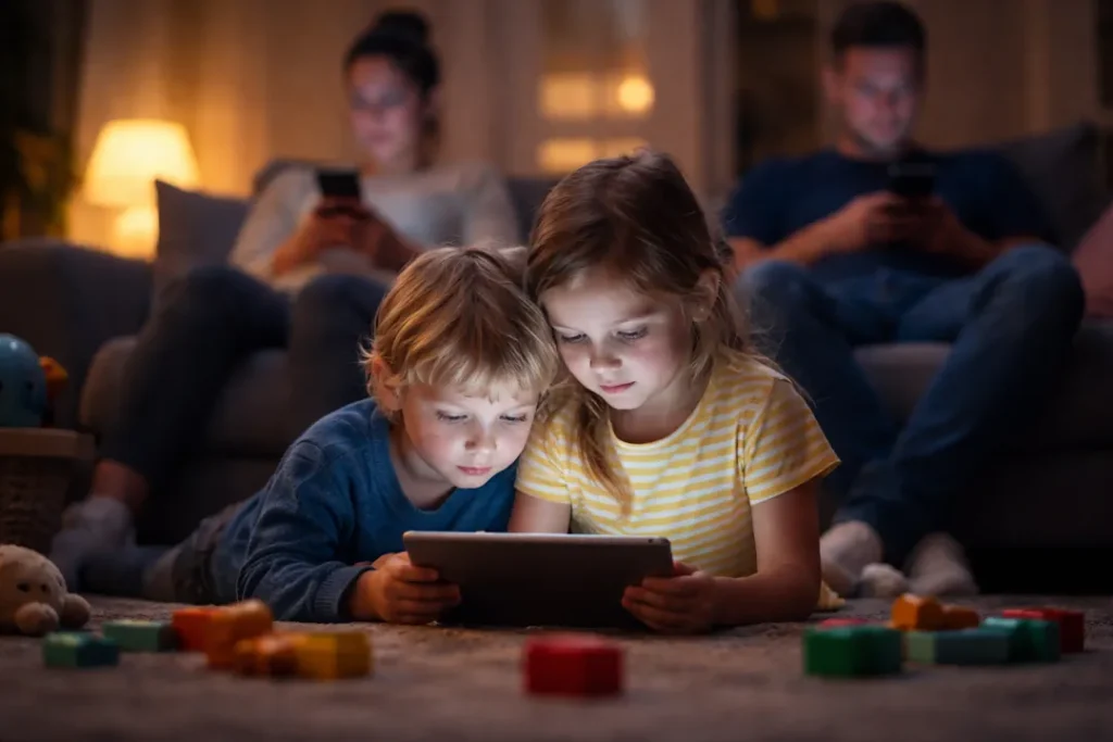 To barn er oppslukt av et nettbrett i forgrunnen, mens foreldrene sitter i sofaen bak dem og ser på mobilene sine, med fokus på kontrasten i oppmerksomhet.