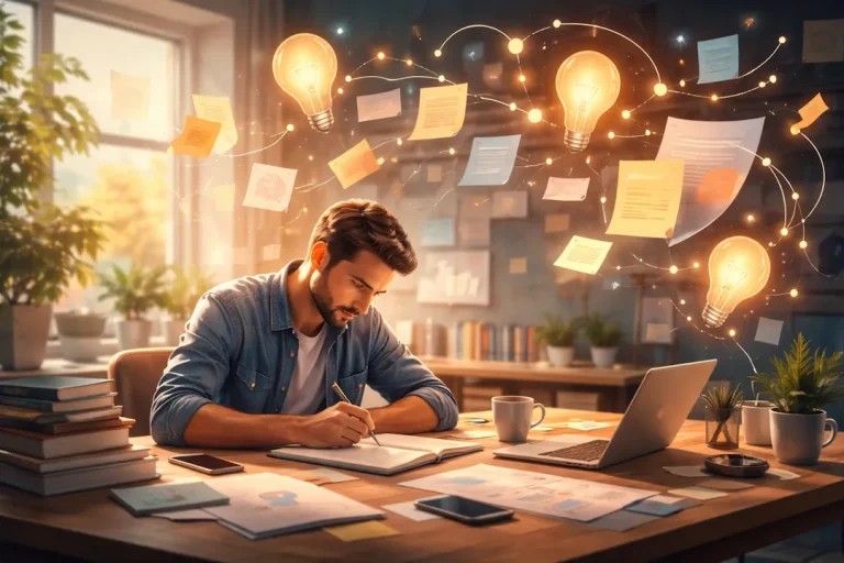 Person som sitter konsentrert og skriver ved et skrivebord, omgitt av notater, bøker og digitale elementer som symboliserer ideer, læring og kreativ tankeprosess.