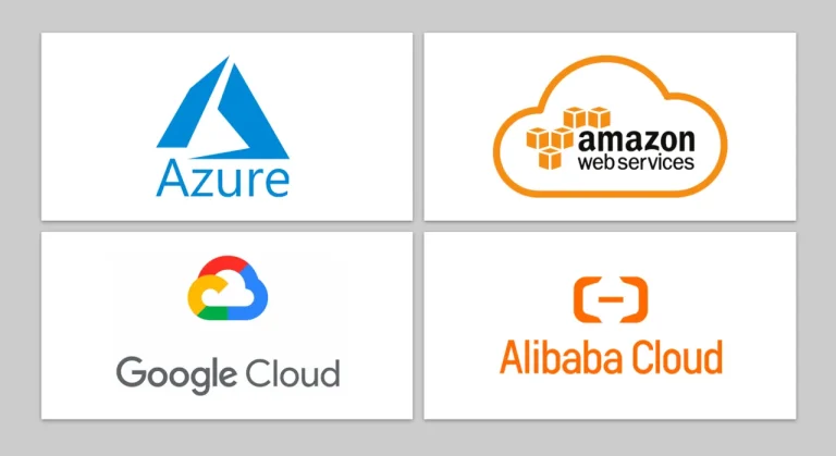 Logoer til fire store skytjenestetilbydere: Microsoft Azure, Amazon Web Services (AWS), Google Cloud, og Alibaba Cloud, presentert i et rutenett.