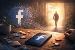 Smarttelefon med Facebook-logo på et trebord, omgitt av hverdagsting, mens en person går mot en lys åpning i bakgrunnen.