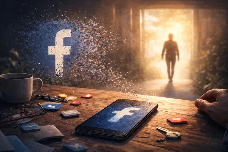 Smarttelefon med Facebook-logo på et trebord, omgitt av hverdagsting, mens en person går mot en lys åpning i bakgrunnen.