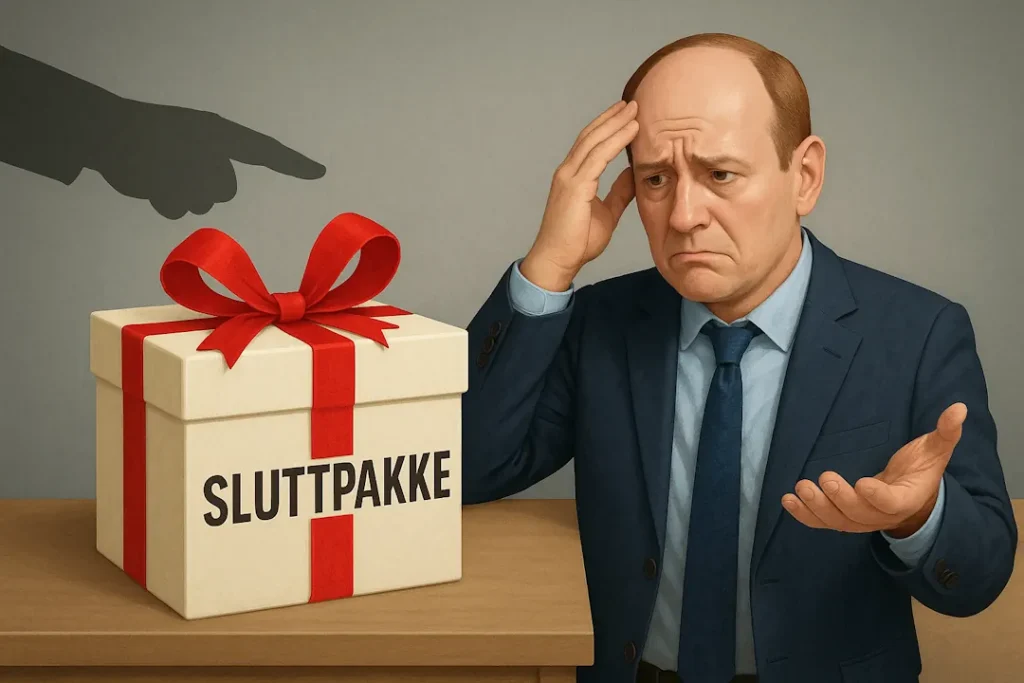 En mann i dress sitter ved et bord og ser bekymret på en gaveeske merket «Sluttpakke». Esken er pakket inn med rød sløyfe, mens en skygge peker mot den – et symbol på hvordan noe som presenteres som en gave, kan føles som press.