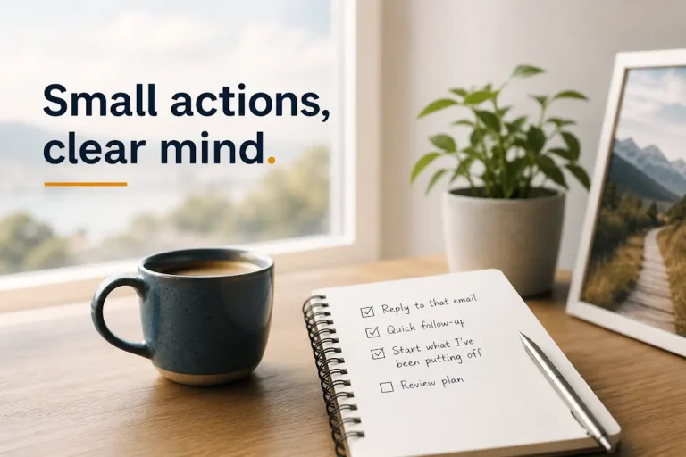 A calm, minimalist workspace with a coffee mug, notebook checklist, and plant by a window, featuring the text “Small actions, clear mind.”