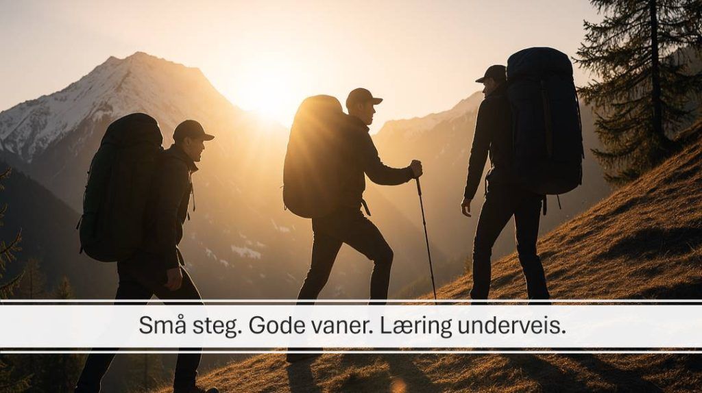 Tre fjellvandrere med store sekker går i motlys opp en fjellside i solnedgang – symbol på jevn fremdrift og utholdenhet.