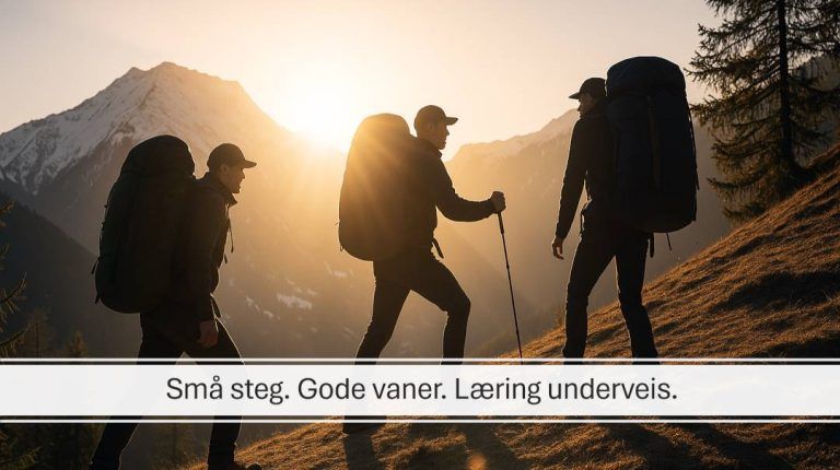 Tre fjellvandrere med store sekker går i motlys opp en fjellside i solnedgang – symbol på jevn fremdrift og utholdenhet.