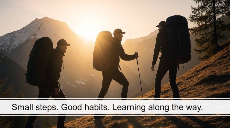 Three people with large backpacks hiking uphill on a mountain slope at sunset. Text on the image: “Small steps. Good habits. Learning along the way.”