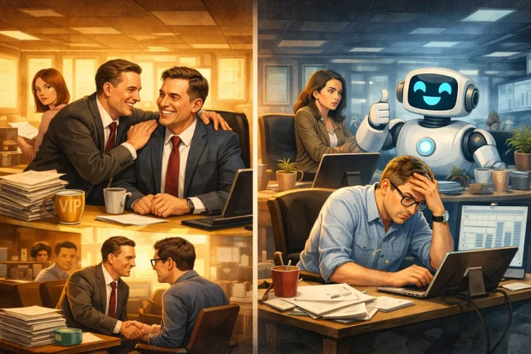 Illustrasjon i landskapsformat delt i to. På venstre side smisker en ansatt med sjefen ved skrivebordet, mens en kollega ser på i bakgrunnen. På høyre side sitter en stresset medarbeider foran en datamaskin, mens en vennlig robot gir tommel opp. Varmt lys på venstre side og kaldt lys på høyre side understreker kontrasten mellom smisk og reell belastning.
