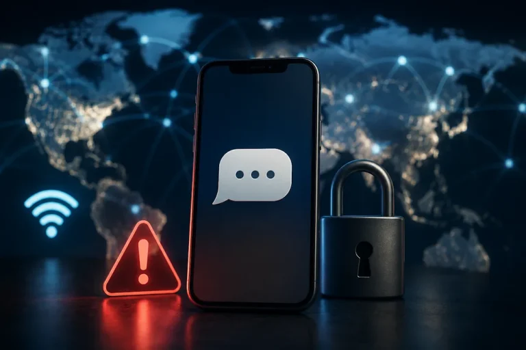 Illustrasjon av smarttelefon med meldingssymbol, hengelås og advarselsikon foran et digitalt verdenskart som symboliserer sikkerhet, kryptering og risiko ved SMS og offentlige nettverk.