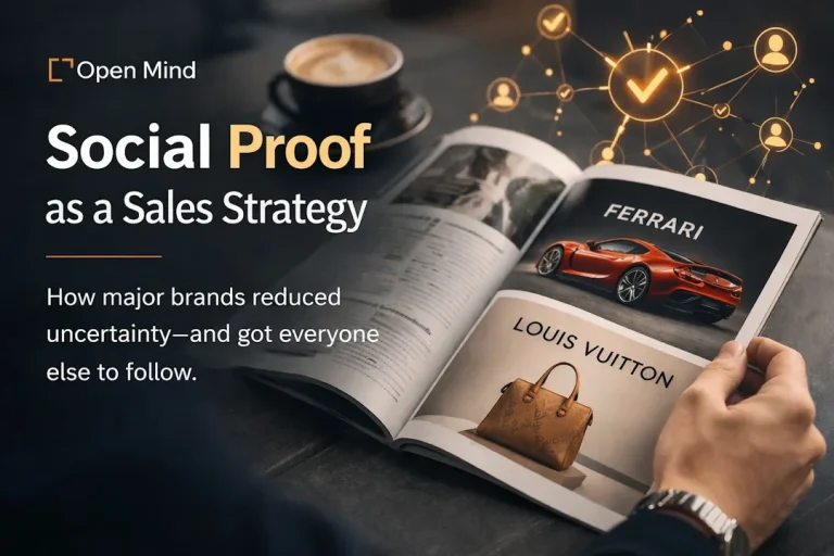 Person blar i et magasin med annonser fra luksusmerker som Ferrari og Louis Vuitton, illustrert med grafikk som symboliserer tillit og sosial bekreftelse som salgsstrategi.