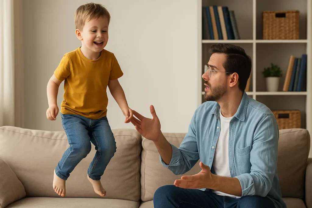 En liten gutt hopper lekent på en sofa mens en voksen mann ved siden av rekker ut hånden og snakker til ham. Scenen er i en lys stue med bokhylle i bakgrunnen.