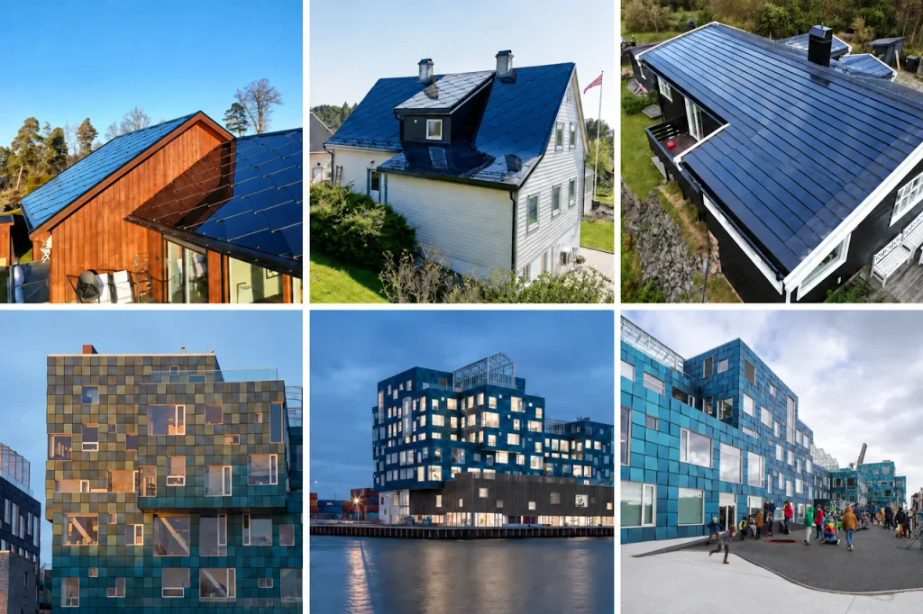 Kollasj med seks bilder av bygningsintegrerte solceller: Øverst vises tre boliger med mørke solcelletak og solcelletakstein. Nederst vises Copenhagen International School fra tre vinkler, med blågrønne solcellemoduler som del av fasaden.