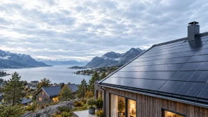 KI-generert illustrasjon av trehus med solceller på takene under en overskyet himmel, med fjord og fjell i bakgrunnen.
