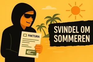 En digital illustrasjon i flat stil som viser en person i hettegenser og solbriller som holder en falsk faktura foran en sommerlig bakgrunn med sol, palmer og strand. Til høyre står teksten "Svindel om sommeren" på en svart bakgrunn, som kontrast til det varme gule fargetemaet.