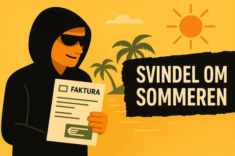 En digital illustrasjon i flat stil som viser en person i hettegenser og solbriller som holder en falsk faktura foran en sommerlig bakgrunn med sol, palmer og strand. Til høyre står teksten "Svindel om sommeren" på en svart bakgrunn, som kontrast til det varme gule fargetemaet.