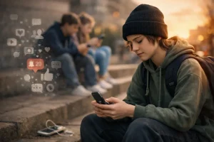 Ung person sitter på en trapp i kveldssol og ser rolig på mobilen sin, mens to jevnaldrende i bakgrunnen er oppslukt i smarttelefoner. Ved siden av hovedpersonen svever dempede ikoner for sosiale medier, som symboliserer bevissthet rundt scrolling og digital påvirkning.