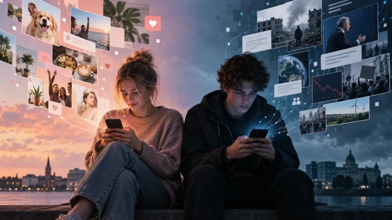 To unge sitter side om side med hver sin mobil, omgitt av ulike personlige nyhets- og innholdsstrømmer som illustrerer hvordan algoritmer kan gi forskjellige digitale virkeligheter.