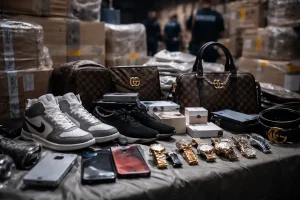 Beslaglagte piratkopierte varer som sko, vesker, klokker og elektronikk ligger utstilt på et bord i et lagerlokale, med paller og esker i bakgrunnen.