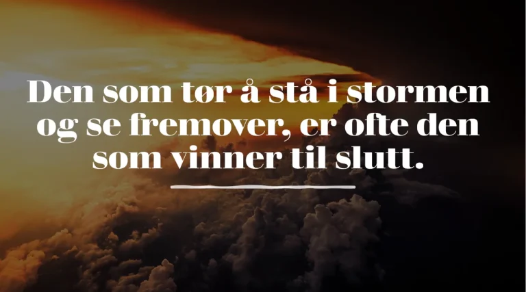Et dramatisk bilde av en himmel delt mellom mørke stormskyer og gyldent sollys, med teksten: «Den som tør å stå i stormen og se fremover, er ofte den som vinner til slutt.» Symboliserer mot, lederskap og å se fremover i utfordrende tider.